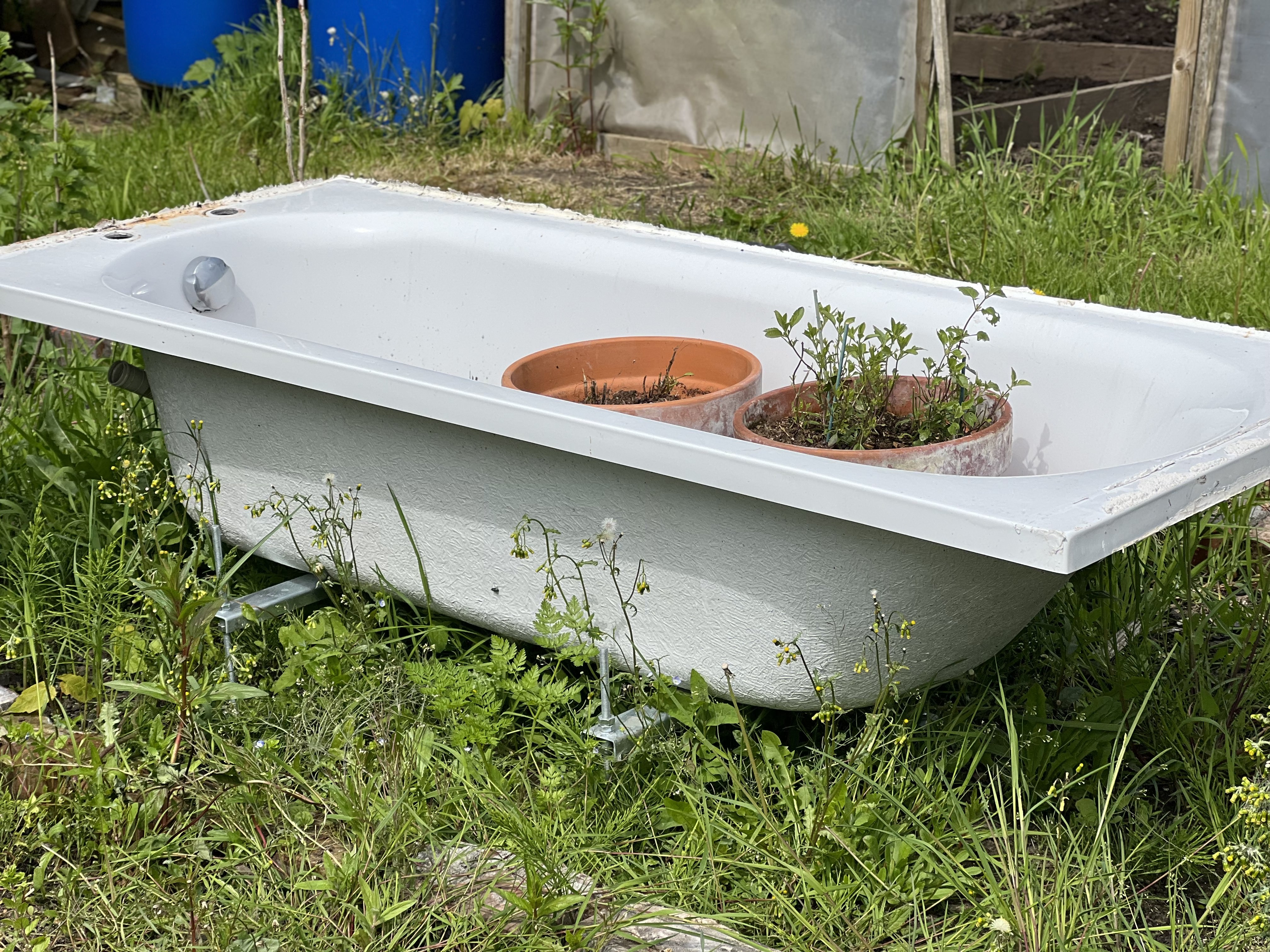 white bathtub with three planters sat inside