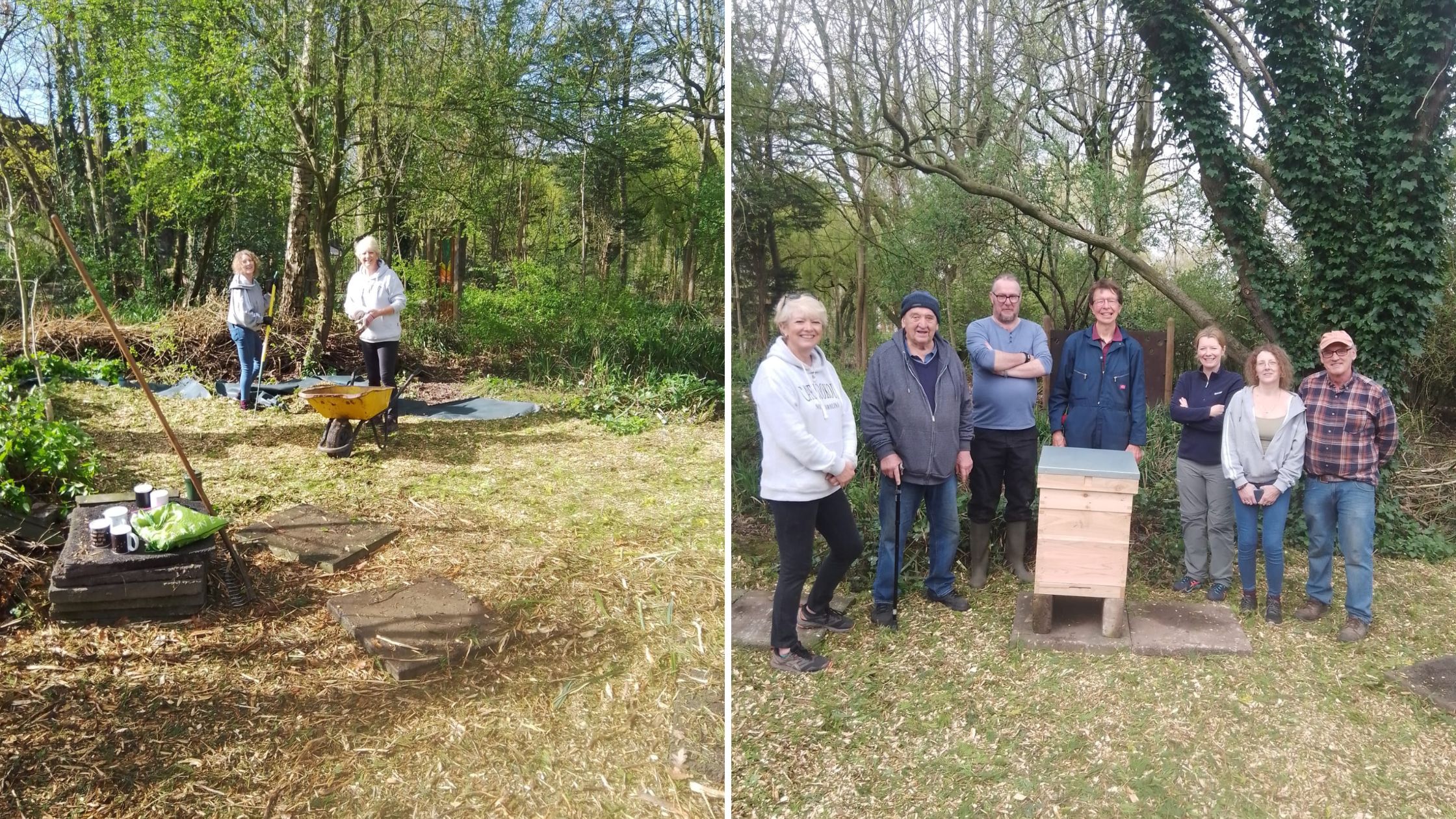 people in the garden standing next to a bee hive