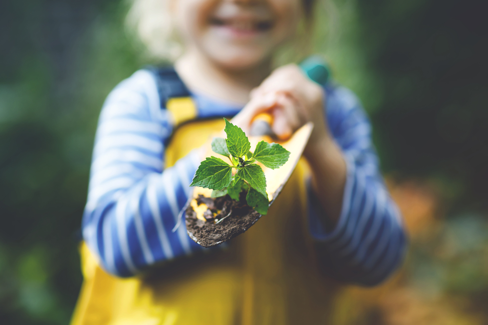 Kid excited about gardening holding a spade with soil