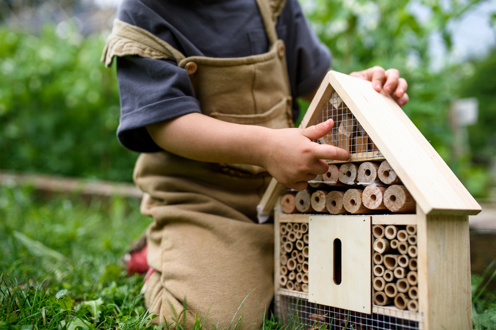 child holding a wooden bug hotel